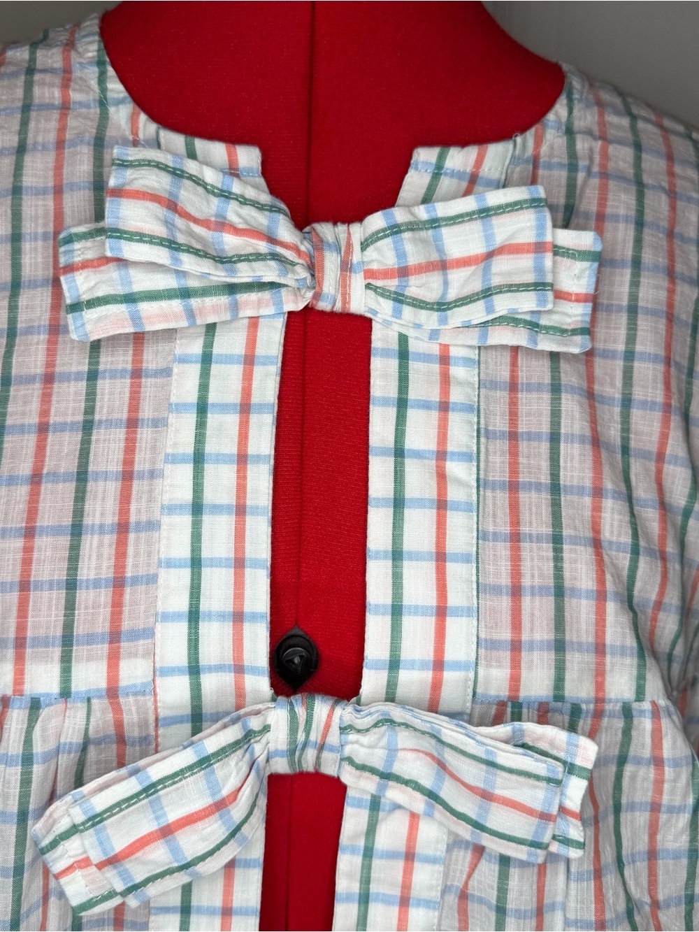 Anthropologie Bow Front Tiered Top Short Sleeve Plaid Women XS Oversized - Picture 2 of 8